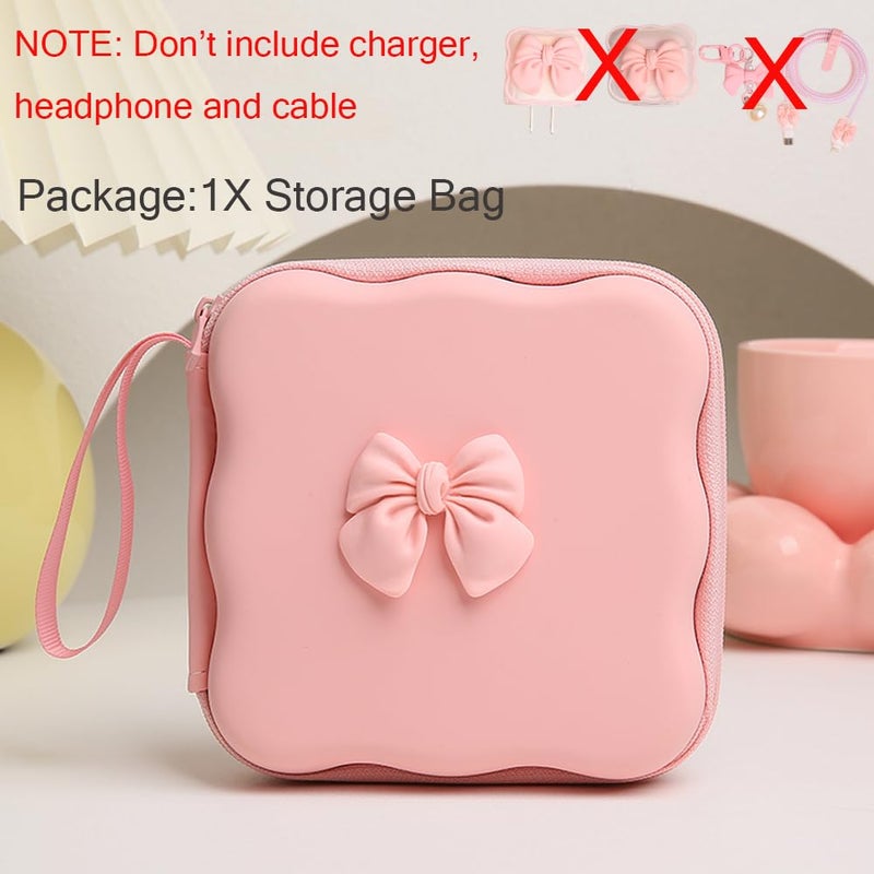QLD COVER Charger Cover Storage Bag, Cute 3D Bow Tie Waves Design Charger Protector Travel Storage Case, Earphone Wire Saver Cable Cord Organizer Wireless Earphone Storage Box, Pink Bow - Image 2