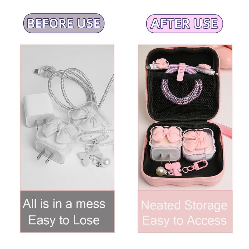 QLD COVER Charger Cover Storage Bag, Cute 3D Bow Tie Waves Design Charger Protector Travel Storage Case, Earphone Wire Saver Cable Cord Organizer Wireless Earphone Storage Box, Pink Bow - Image 3