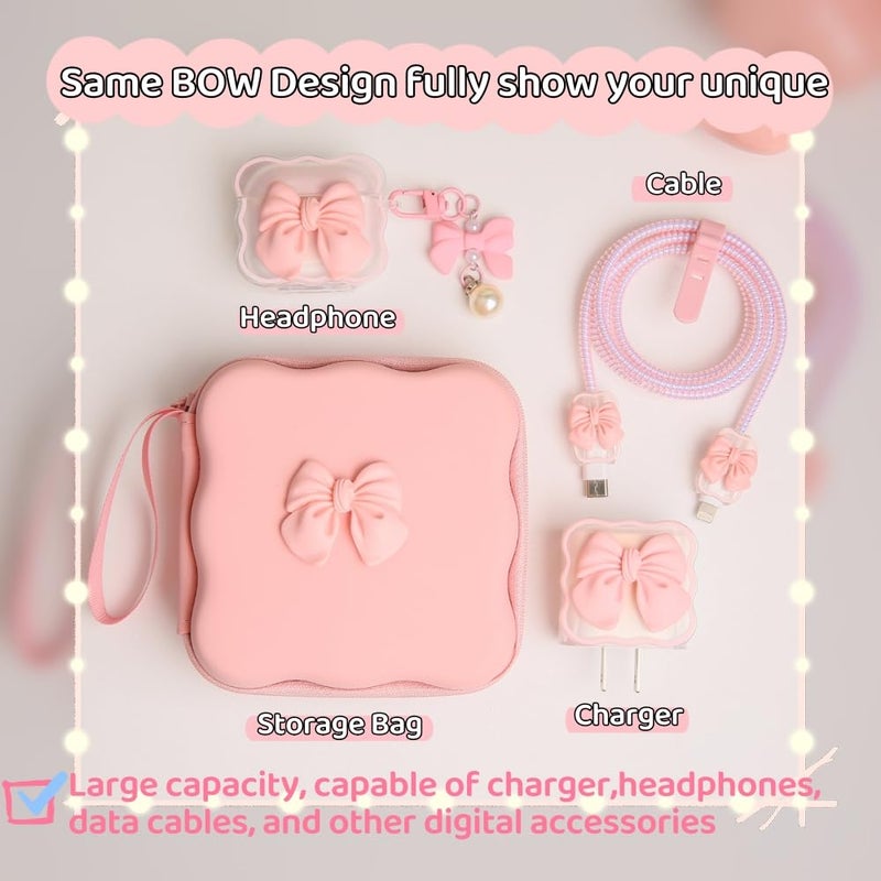 QLD COVER Charger Cover Storage Bag, Cute 3D Bow Tie Waves Design Charger Protector Travel Storage Case, Earphone Wire Saver Cable Cord Organizer Wireless Earphone Storage Box, Pink Bow - Image 4