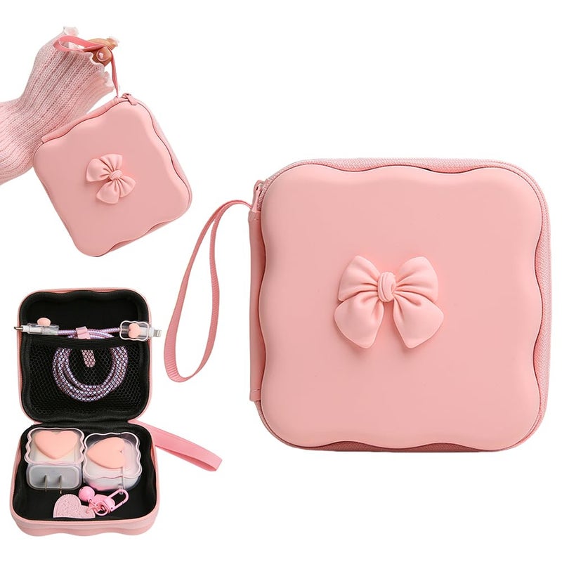 QLD COVER Charger Cover Storage Bag, Cute 3D Bow Tie Waves Design Charger Protector Travel Storage Case, Earphone Wire Saver Cable Cord Organizer Wireless Earphone Storage Box, Pink Bow - Image 1