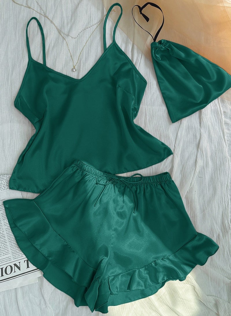 Loquat Women's Imitation Silk 3-Piece Set Nightgown Sleepwear Suspender Top,Shorts And Storage Bag Soft Loungewear Pajamas Suit Dark Green 