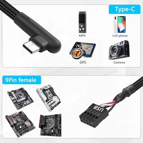 CERRXIAN 9 Pin USB Motherboard Female Header to USB C Adapter Cable, 90 Degree Angle Type C Male to 9Pin Motherboard Serial Female 24AWG Extender Converter Braided Cable (2-Pack) 2FT/60CM - Image 2