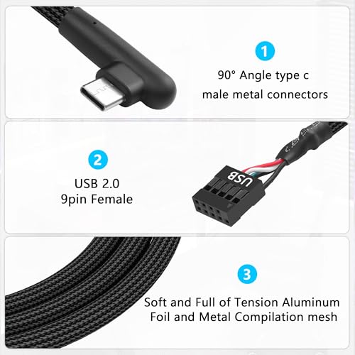 CERRXIAN 9 Pin USB Motherboard Female Header to USB C Adapter Cable, 90 Degree Angle Type C Male to 9Pin Motherboard Serial Female 24AWG Extender Converter Braided Cable (2-Pack) 2FT/60CM - Image 4