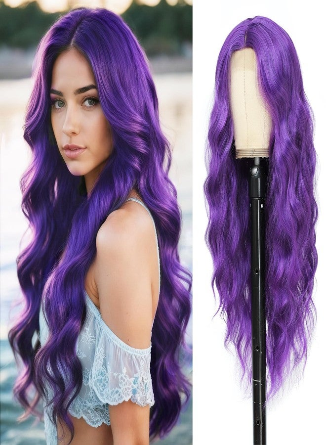 Angzon Dark Purple Wig 26 Inch Long Wavy Wig for Women - Heat Resistant Synthetic Hair Middle Part Curly Wig Natural Look for Daily Party Cosplay Costume Use - Image 1