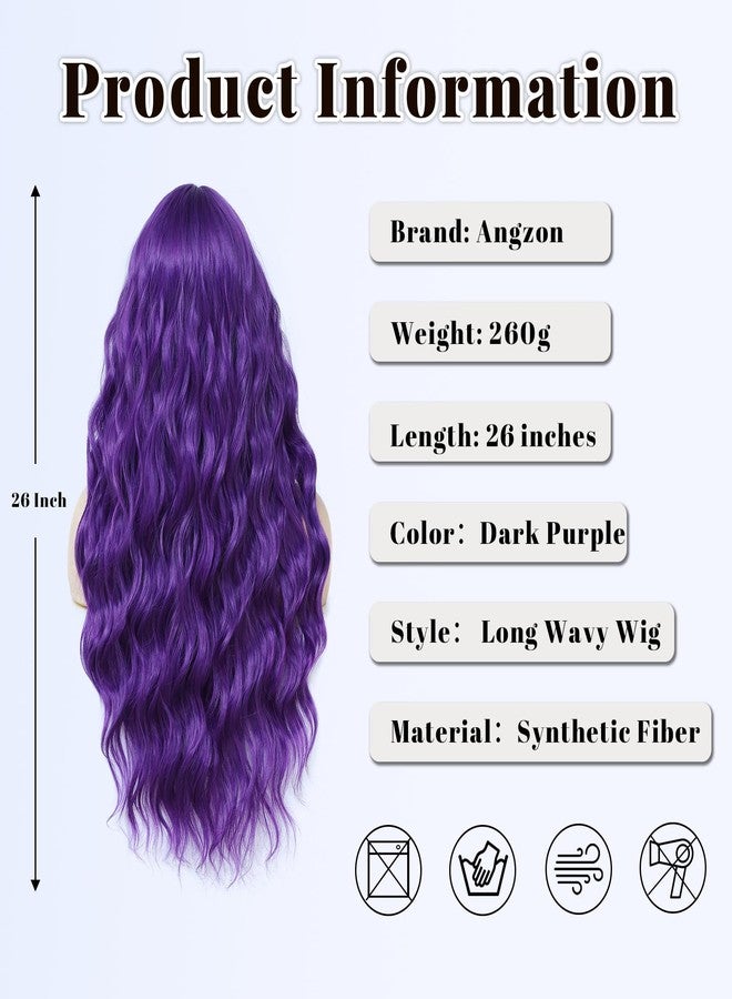 Angzon Dark Purple Wig 26 Inch Long Wavy Wig for Women - Heat Resistant Synthetic Hair Middle Part Curly Wig Natural Look for Daily Party Cosplay Costume Use - Image 2