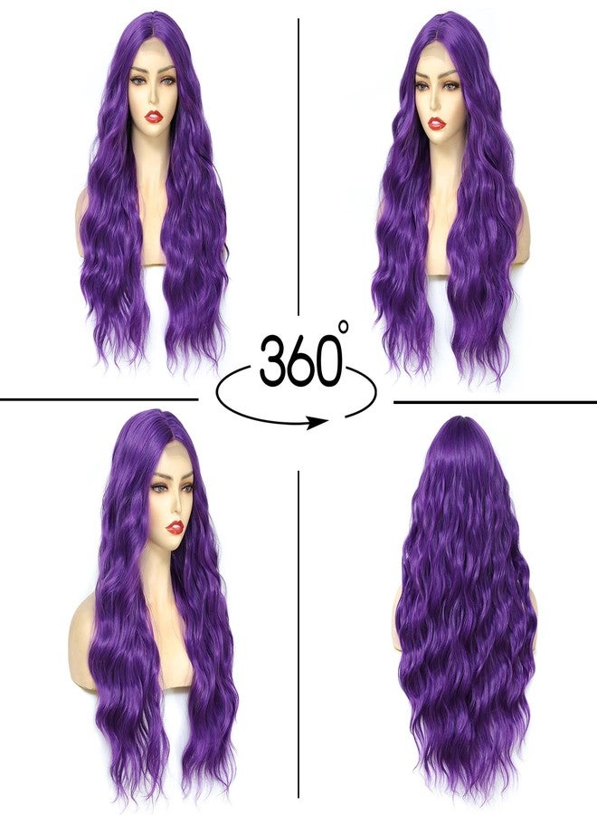Angzon Dark Purple Wig 26 Inch Long Wavy Wig for Women - Heat Resistant Synthetic Hair Middle Part Curly Wig Natural Look for Daily Party Cosplay Costume Use - Image 3