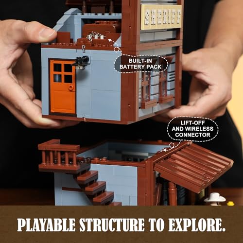 Funwhole Sheriff's-Office Lighting Building-Bricks Set - The Old West Sheriff's Office LED Light Construction Building Model Set 1240 Pcs for Adults and Teen - Image 4