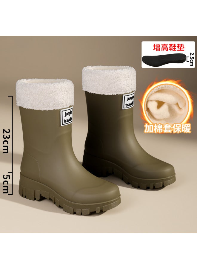 Outdoor Ultra-modern Mid-calf Fashionable Waterproof Drawstring Women's Rain Boots With Fleece Lining, Suitable For Rainforest , Non-slip, Warm, And Durable Rubber Shoes