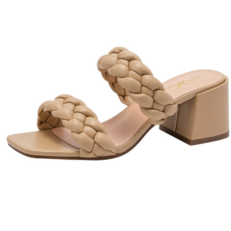 Athlefit Women's Braided Heeled Sandals Strappy Square Open Toe Heels Backless Mules Slip On Block Heels Khaki Size 8 - Image 1