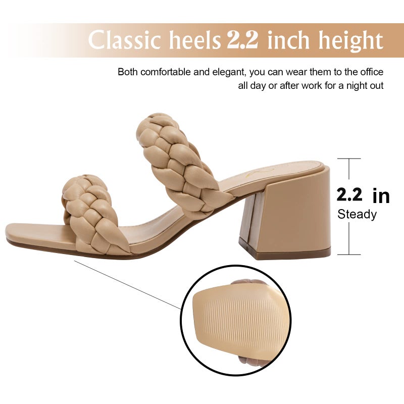 Athlefit Women's Braided Heeled Sandals Strappy Square Open Toe Heels Backless Mules Slip On Block Heels Khaki Size 8 - Image 4