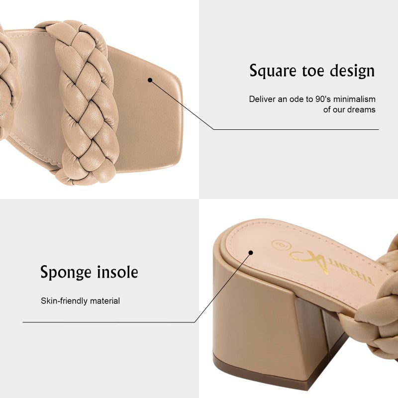 Athlefit Women's Braided Heeled Sandals Strappy Square Open Toe Heels Backless Mules Slip On Block Heels Khaki Size 8 - Image 5