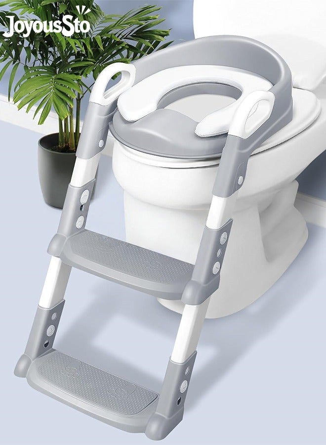 متجر الفرح مقعد تدريب على استخدام المرحاض للأطفال مع سلم للمراحيض، مع وسادة بمقبض، واقٍ من الرذاذ، ووسادة مانعة للانزلاق، وكرسي تدريب على استخدام المرحاض للأطفال، مقعد تدريب على استخدام المرحاض للأطفال من عمر سنتين إلى خمس سنوات، أولاد وبنات، رمادي - Image 1