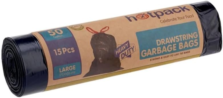 Hotpack Drawstring Garbage Bag Roll Heavy Duty 75X103 cm, 15 Pieces, 50 Gallon, 15 Units - Image 2