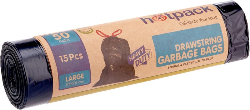 Hotpack Drawstring Garbage Bag Roll Heavy Duty 75X103 cm, 15 Pieces, 50 Gallon, 15 Units - Image 1