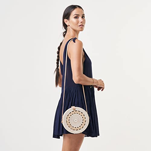 Novum Crafts Rattan Bags for Women - Handmade Wicker Woven Purse Handbag Circle Boho Bag Bali (White Pattern) - Image 5