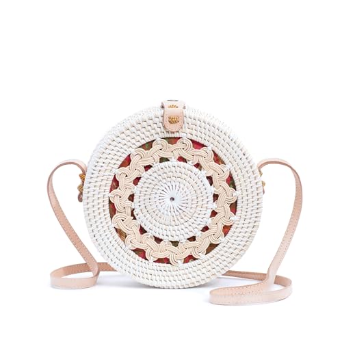 Novum Crafts Rattan Bags for Women - Handmade Wicker Woven Purse Handbag Circle Boho Bag Bali (White Pattern) - Image 1