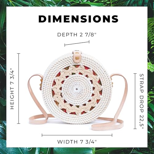 Novum Crafts Rattan Bags for Women - Handmade Wicker Woven Purse Handbag Circle Boho Bag Bali (White Pattern) - Image 4