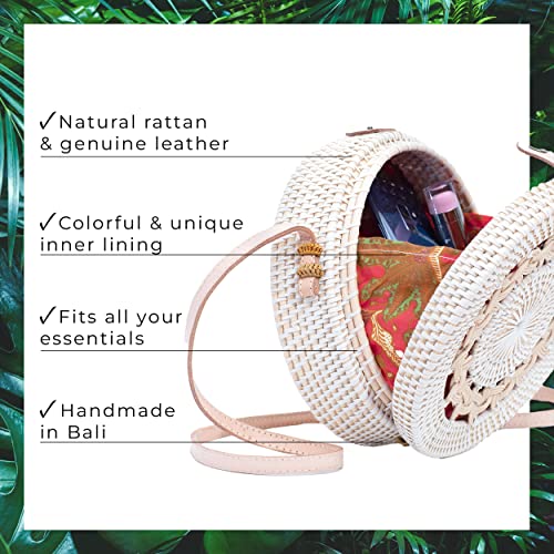 Novum Crafts Rattan Bags for Women - Handmade Wicker Woven Purse Handbag Circle Boho Bag Bali (White Pattern) - Image 2