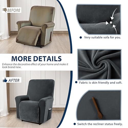 Asnomy Recliner Chair Covers Lazy Boy Recliner Covers with Pockets Stretch Velvet Couch Cover Slipcovers 1-Piece Furniture Protector for Dogs Cats(Recliner,Dark Grey) - Image 4