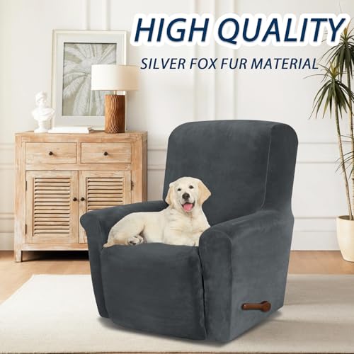 Asnomy Recliner Chair Covers Lazy Boy Recliner Covers with Pockets Stretch Velvet Couch Cover Slipcovers 1-Piece Furniture Protector for Dogs Cats(Recliner,Dark Grey) - Image 2
