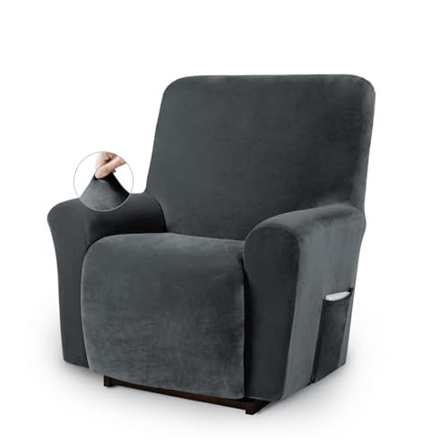 Asnomy Recliner Chair Covers Lazy Boy Recliner Covers with Pockets Stretch Velvet Couch Cover Slipcovers 1-Piece Furniture Protector for Dogs Cats(Recliner,Dark Grey) - Image 1
