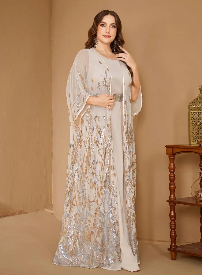 Supgir  Plus Size Beige Embellished Kimono with Inner Dress Co-Ords for Women | Best Price UAE