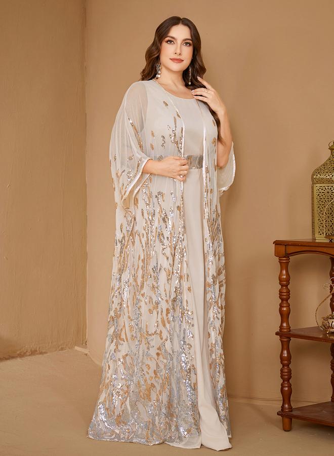 SUPGIR Plus Size Beige Embellished Kimono with Inner Dress Co-Ords - Image 4