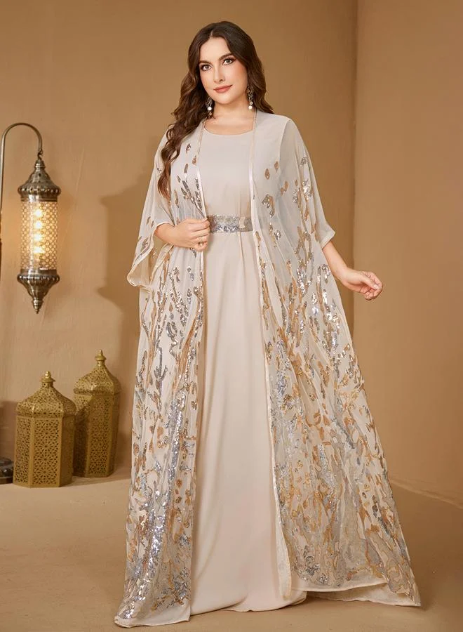 Supgir  Plus Size Beige Embellished Kimono with Inner Dress Co-Ords for Women | Best Price UAE