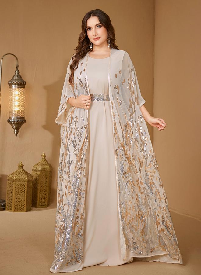 SUPGIR Plus Size Beige Embellished Kimono with Inner Dress Co-Ords - Image 3