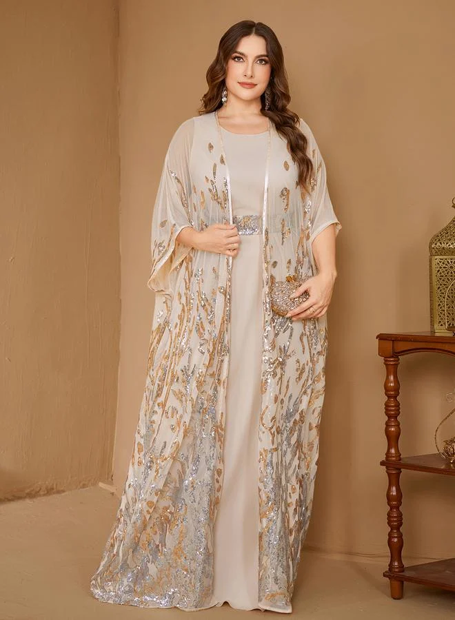 Supgir  Plus Size Beige Embellished Kimono with Inner Dress Co-Ords for Women | Best Price UAE