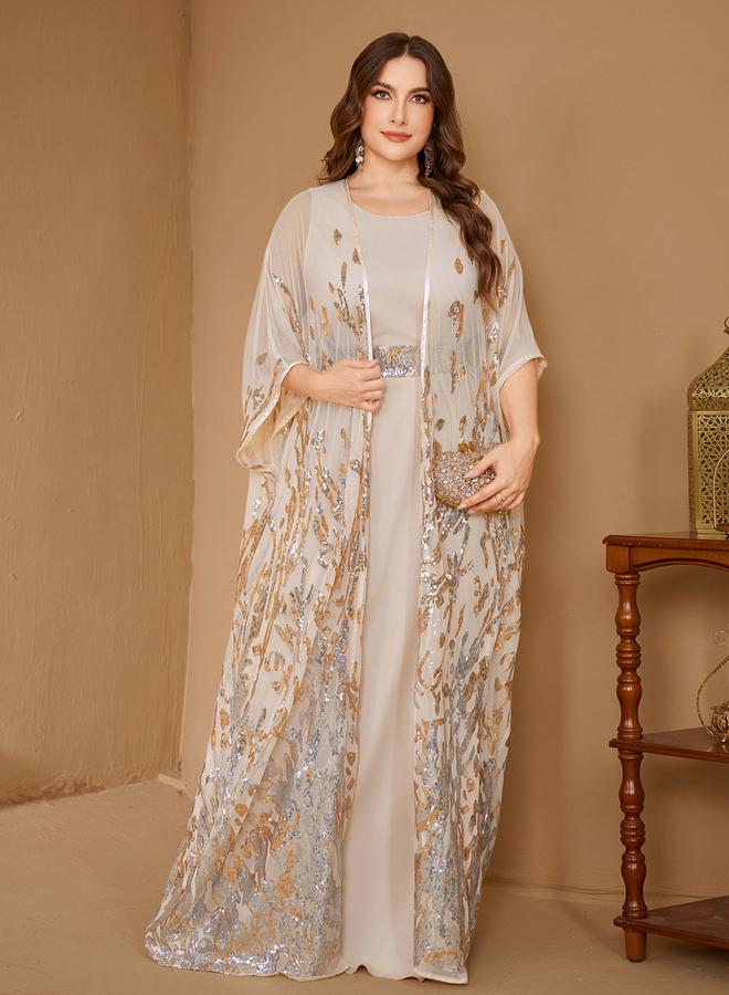 SUPGIR Plus Size Beige Embellished Kimono with Inner Dress Co-Ords - Image 5