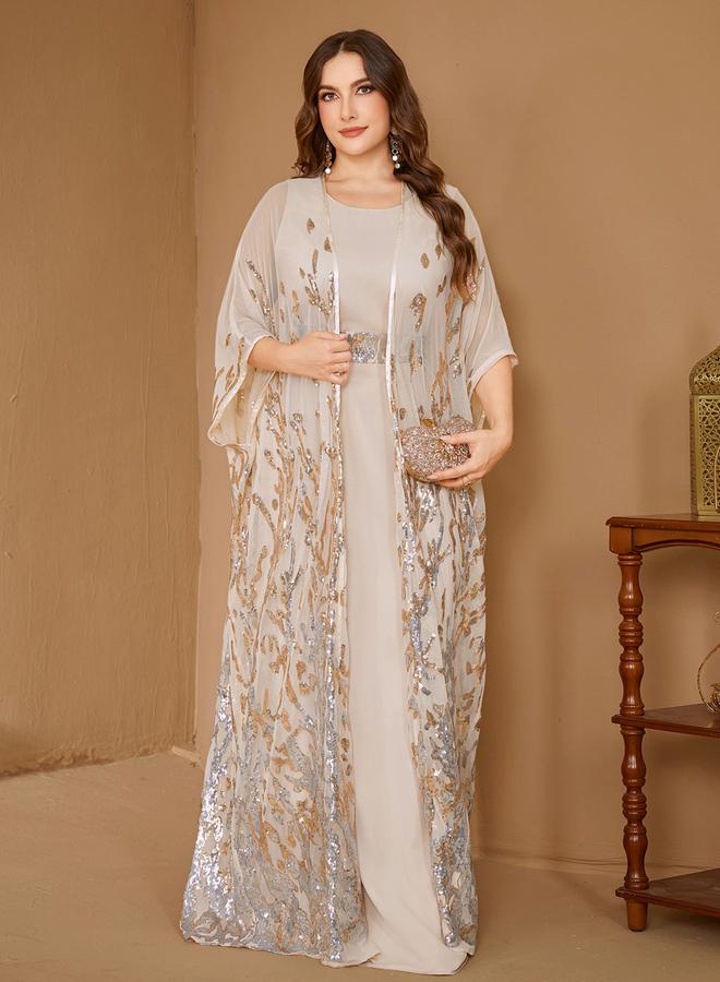 SUPGIR Plus Size Beige Embellished Kimono with Inner Dress Co-Ords - Image 1