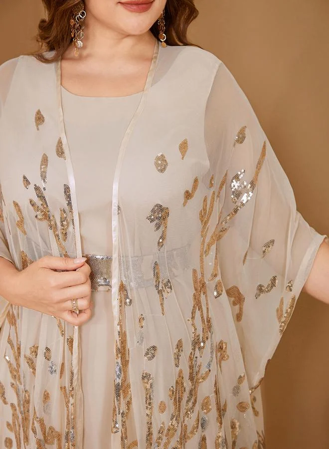 Supgir  Plus Size Beige Embellished Kimono with Inner Dress Co-Ords for Women | Best Price UAE