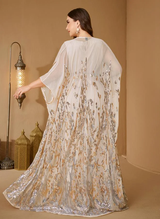 Supgir  Plus Size Beige Embellished Kimono with Inner Dress Co-Ords for Women | Best Price UAE