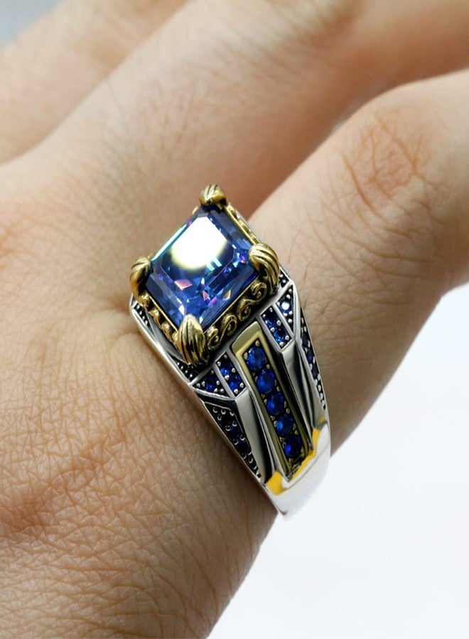 LovePlus Solid S925 Sterling Silver Square Natural Blue Cut Zircon Ring Handmade Elegant Style Stone Men's/Women's Ring, Suitable for Daily Wear Gift Size(7) - Image 5