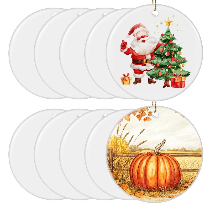 Sublimation Ornaments Blanks Bulk 10 PCS Ceramic Sublimation Christmas Ornament Blanks White Blank Christmas Tree Hanging Ornaments for Crafting DIY Personalized Xmas Tree Decor Keepsake Gift