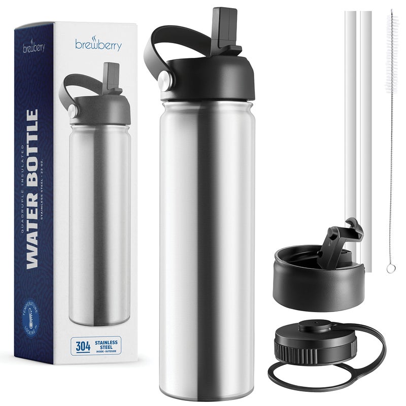 Brewberry Stainless Steel Insulated Water Bottle and Travel Mug for Hot and Cold Beverages Wide Mouth Double Wall Insulated Hydration Sports Water Bottle for Hiking Biking Outdoor 22 OZ BPA Free