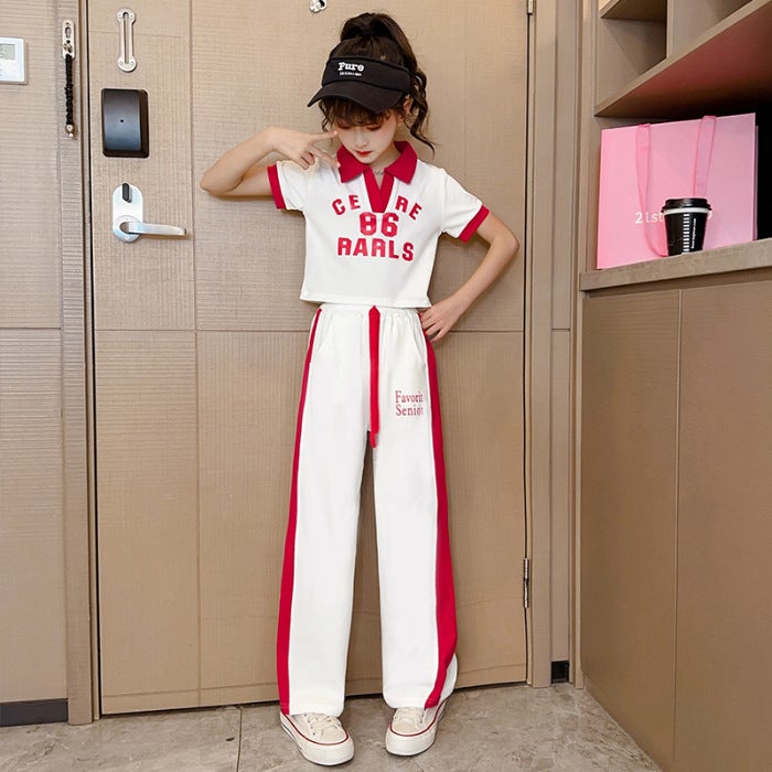 Girls Korean Style Summer Suit 2024 Summer New Fashionable Casual Letter Short-Sleeved Pants Two-Piece Set Trendy White 