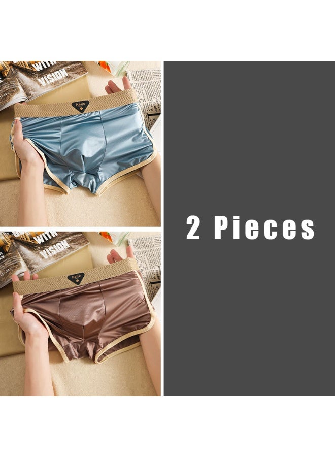 2 Pieces Solid Color Men's Ice Silk Boxer Briefs,Silky Breathable Cooling Underwear,Comfort Stretch Boxers for Daily Wear - Image 1