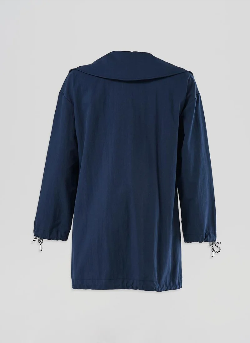 Kayra Buttoned Wide Collar Trench Coat Dark Navy