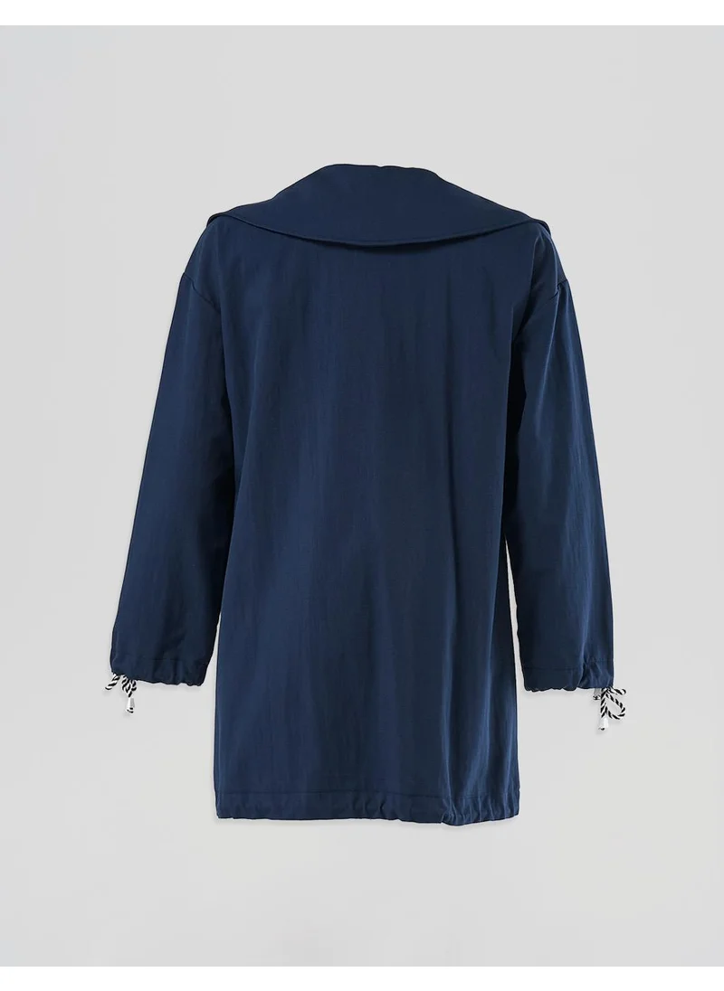 Kayra Buttoned Wide Collar Trench Coat Dark Navy