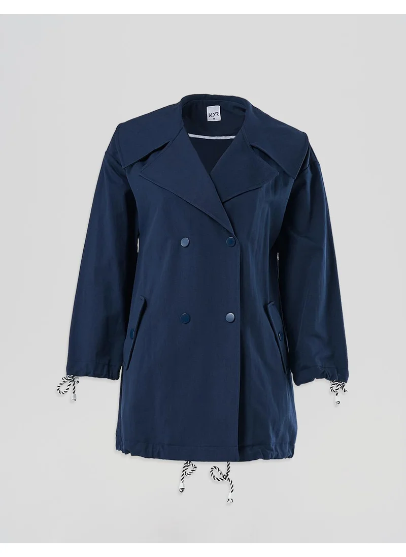 Kayra Buttoned Wide Collar Trench Coat Dark Navy