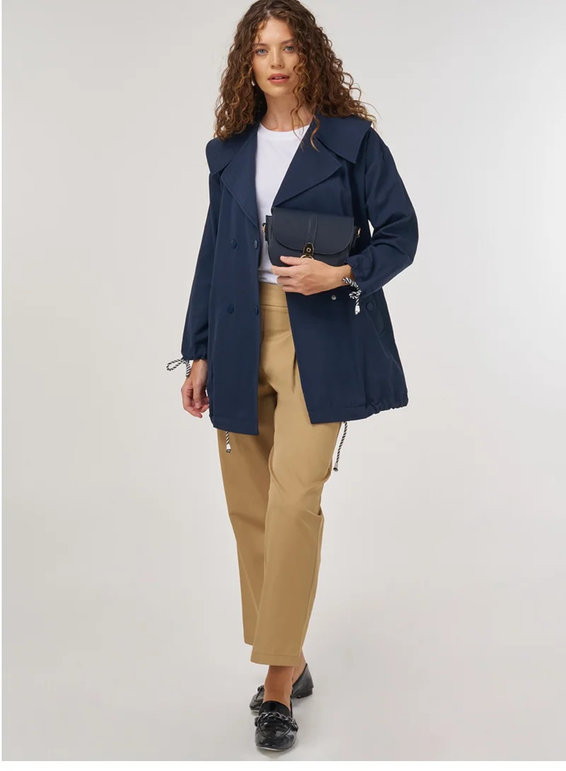 Kayra Buttoned Wide Collar Trench Coat Dark Navy