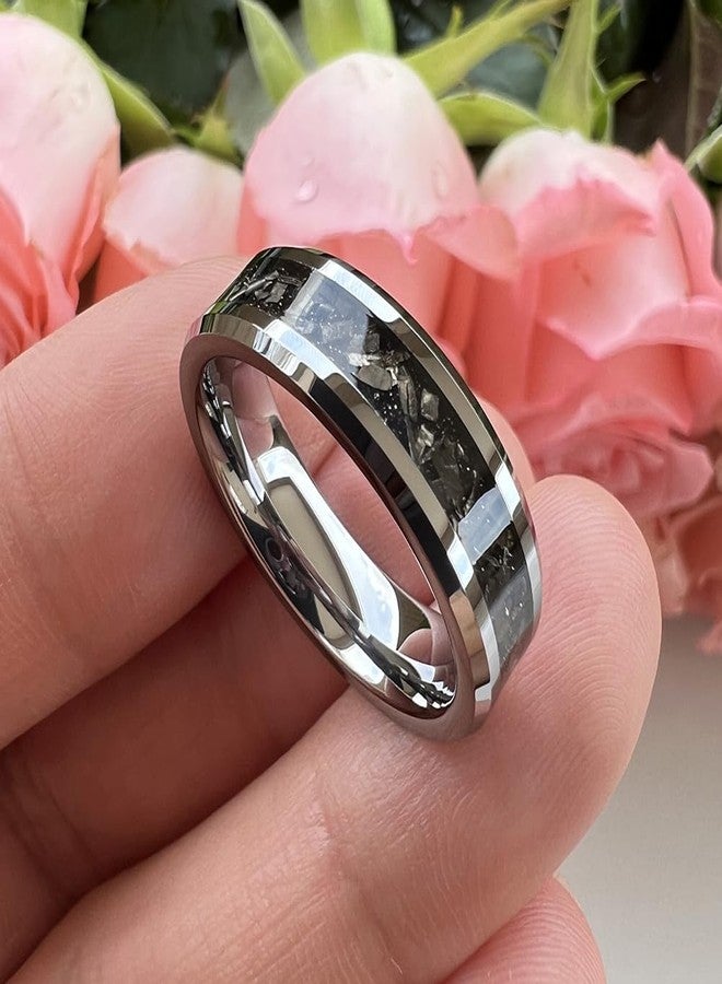 TUTISS 6mm 8mm Silver/Black Tungsten Rings for Men Women Meteorite Shavings Inlay Promise Engagement Wedding Bands Beveled Edges Polished Shiny Comfort Fit, Metal, No Gemstone - Image 2