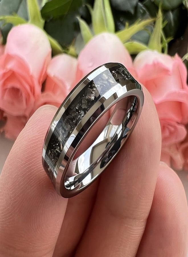 TUTISS 6mm 8mm Silver/Black Tungsten Rings for Men Women Meteorite Shavings Inlay Promise Engagement Wedding Bands Beveled Edges Polished Shiny Comfort Fit, Metal, No Gemstone - Image 4