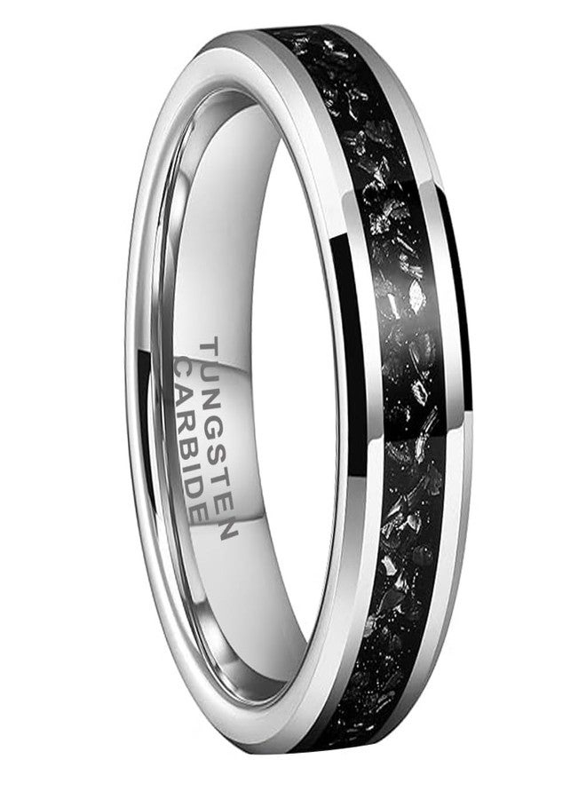 TUTISS 6mm 8mm Silver/Black Tungsten Rings for Men Women Meteorite Shavings Inlay Promise Engagement Wedding Bands Beveled Edges Polished Shiny Comfort Fit, Metal, No Gemstone - Image 1