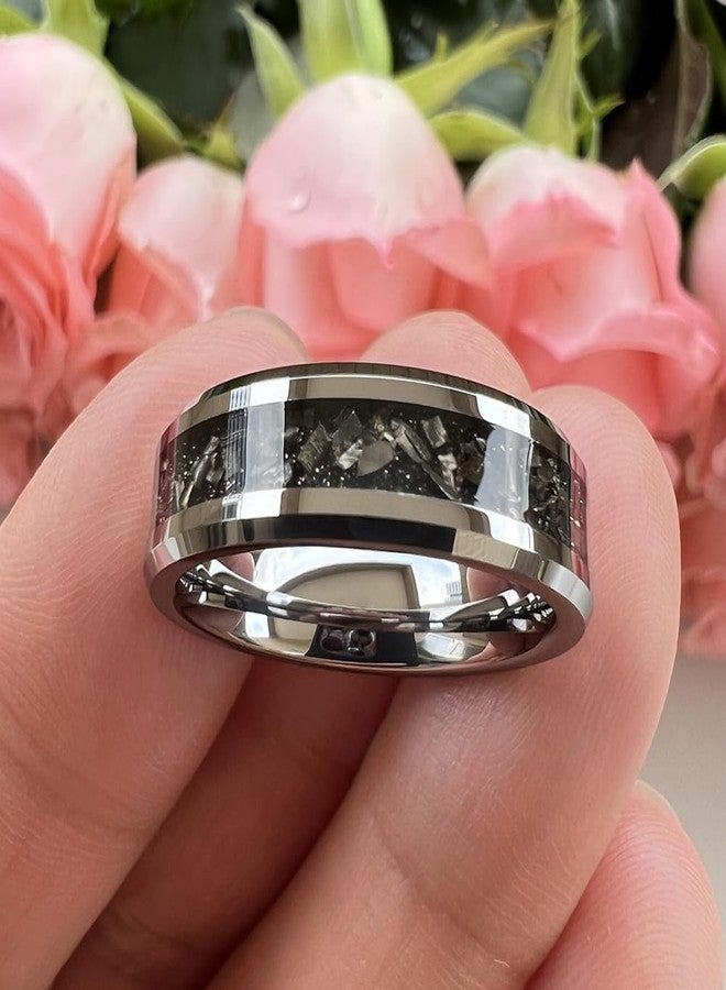 TUTISS 6mm 8mm Silver/Black Tungsten Rings for Men Women Meteorite Shavings Inlay Promise Engagement Wedding Bands Beveled Edges Polished Shiny Comfort Fit, Metal, No Gemstone - Image 3