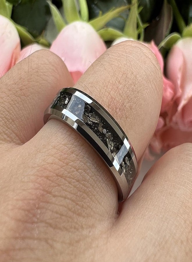 TUTISS 6mm 8mm Silver/Black Tungsten Rings for Men Women Meteorite Shavings Inlay Promise Engagement Wedding Bands Beveled Edges Polished Shiny Comfort Fit, Metal, No Gemstone - Image 5
