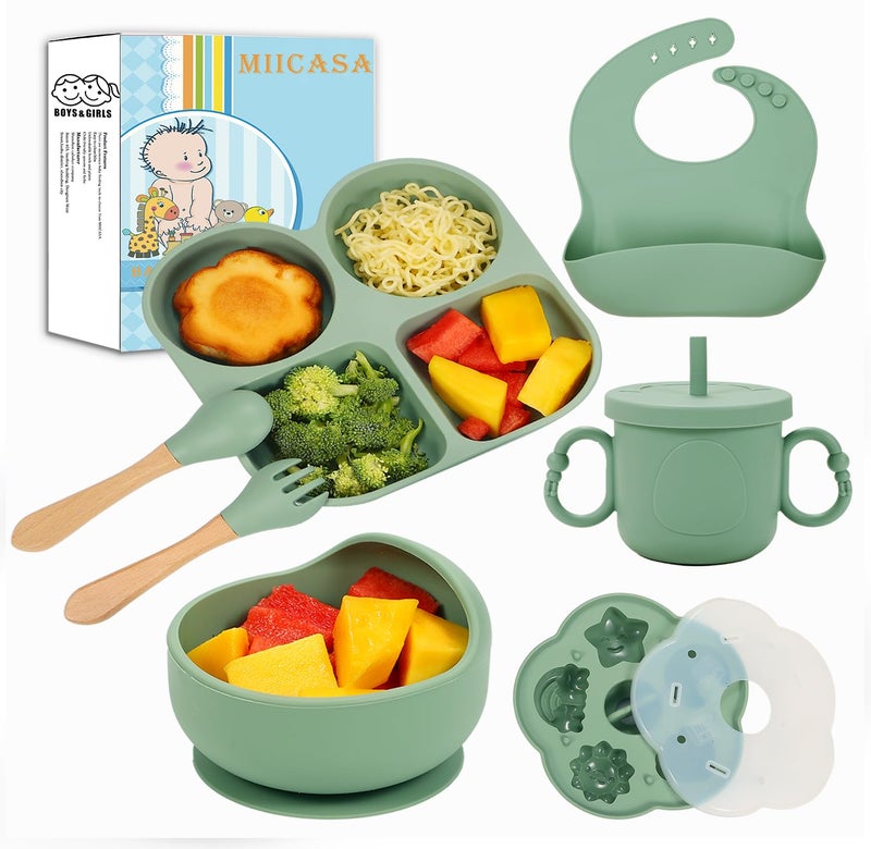 MIICASA Silicone Baby Feeding Set, Baby Led Weaning Supplies, Baby Food Tableware Silicone Suction Plate, Bowl, Spoons, Fork, Waterproof Bib, Cup & Complementary Food Cake Mold, Baby Eating Utensils - Image 1