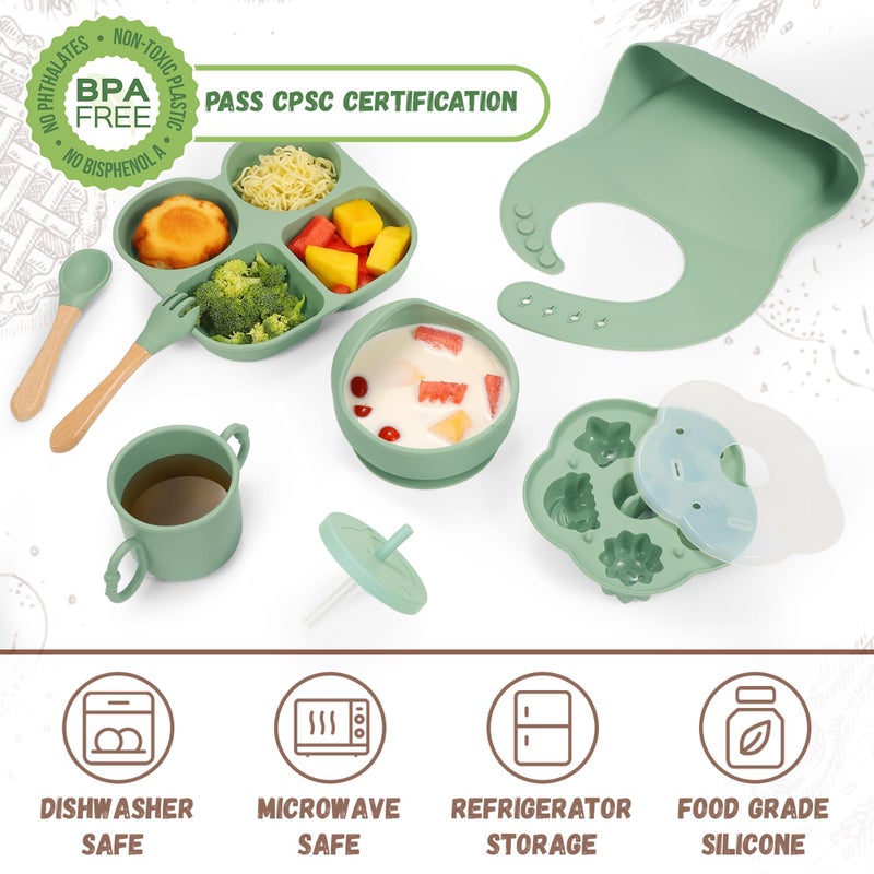 MIICASA Silicone Baby Feeding Set, Baby Led Weaning Supplies, Baby Food Tableware Silicone Suction Plate, Bowl, Spoons, Fork, Waterproof Bib, Cup & Complementary Food Cake Mold, Baby Eating Utensils - Image 2